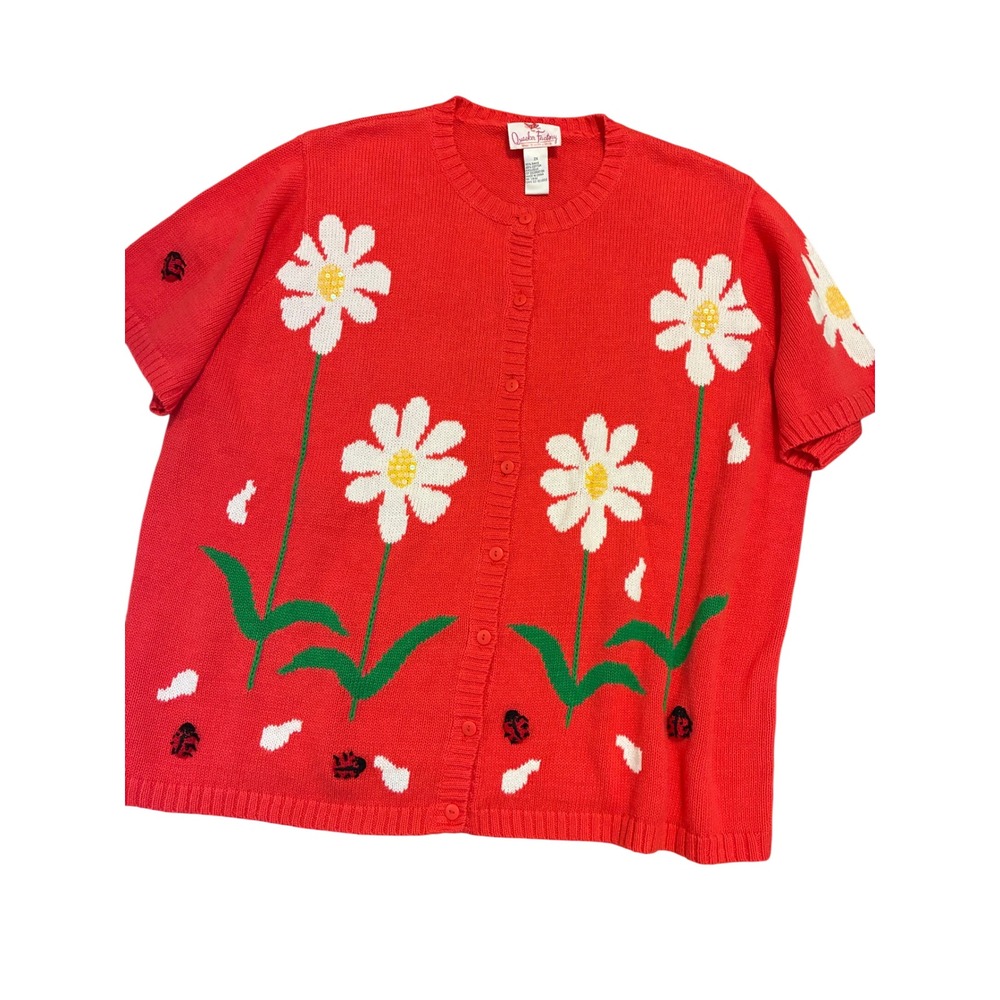 Quacker Factory Vintage Red Daisy Ladybug Sequin Cardigan Sweater 2X SS